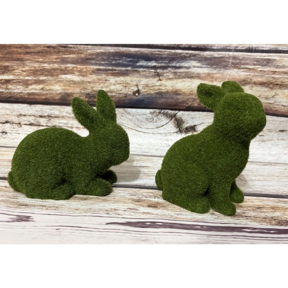 Spring Easter 2 Green Moss Bunnies Rabbits Figure Statue Flocked Decor